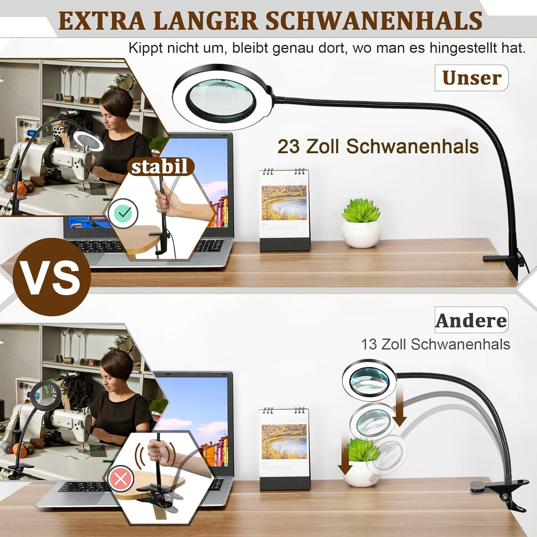 Veemagni 10X Lupe mit Licht und Klemme, Echtes Glas Lupenlampe, 5 Farbmodi Stufenlos Dimmbare, 23 Zo