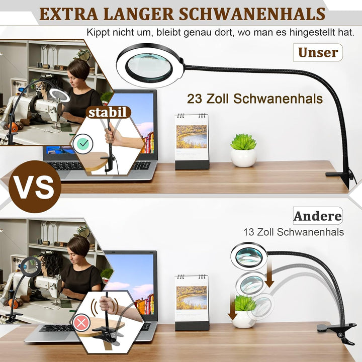 Veemagni 10X Lupe mit Licht und Klemme, Echtes Glas Lupenlampe, 5 Farbmodi Stufenlos Dimmbare, 23 Zo