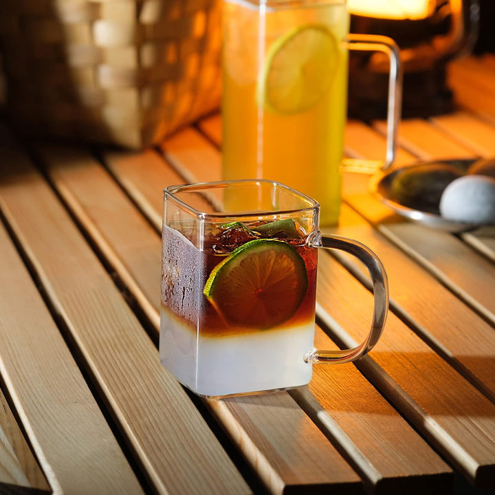 LUXU Trinkgläser mit Griff, 237 ml, Set mit 4 dünnen, quadratischen Gläsern, elegante Bargläser für