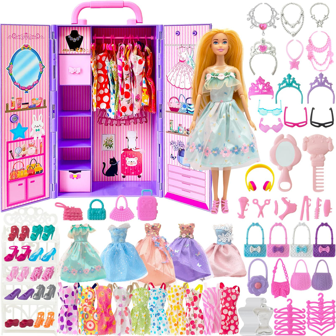 Puppen Kleiderschrank Set 63 Zubehör, für 11,5 Zoll Mädchen Puppen, für Puppe Kleidung, Einschliessl