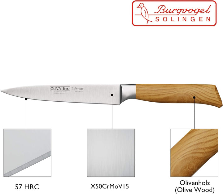 Burgvogel Solingen schmales Küchenmesser 15 cm geschmiedet Olivenholz, Oliva Line, rostfrei, deutsch