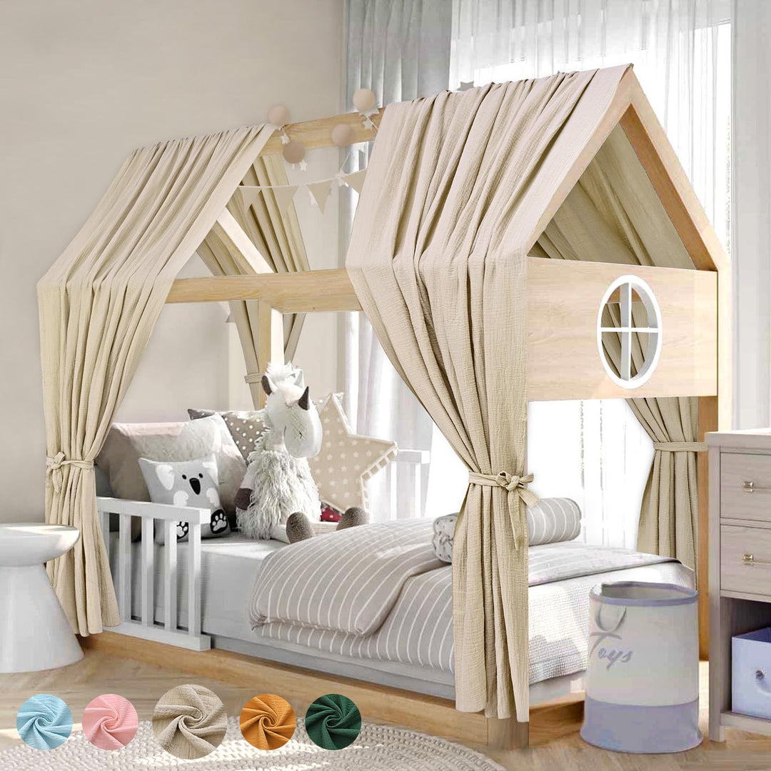 Alishomtll Hausbett Himmel Deko Set, 2 Betthimmel Hausbett aus 100% Baumwolle Musselin, 1 Wimpelkett