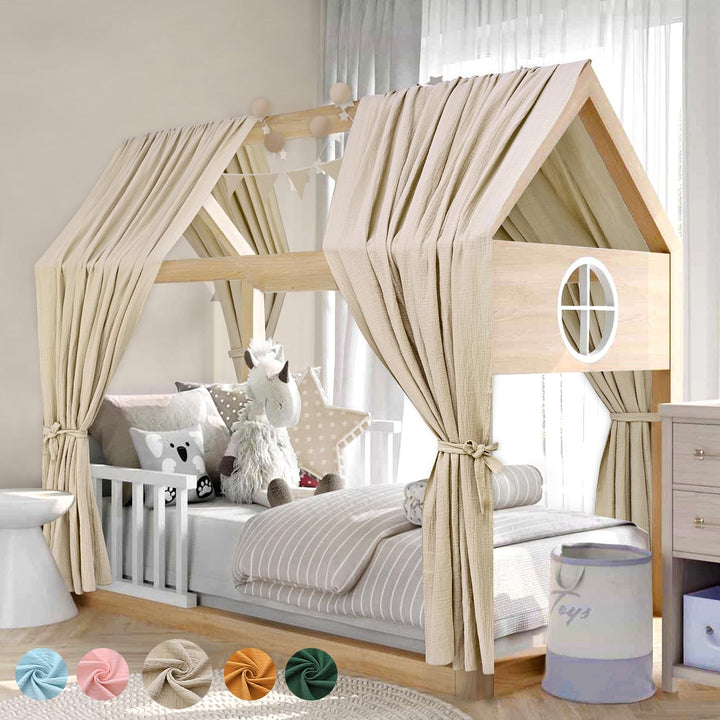 Alishomtll Hausbett Himmel Deko Set, 2 Betthimmel Hausbett aus 100% Baumwolle Musselin, 1 Wimpelkett