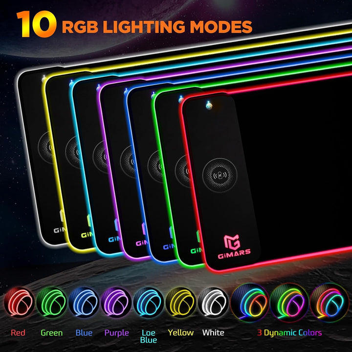 Gimars Upgrade Gaming Mauspad RGB, 15W Kabelloser Schnellladung, 800x300x5mm, Mousepad XXL mit 10 Fa