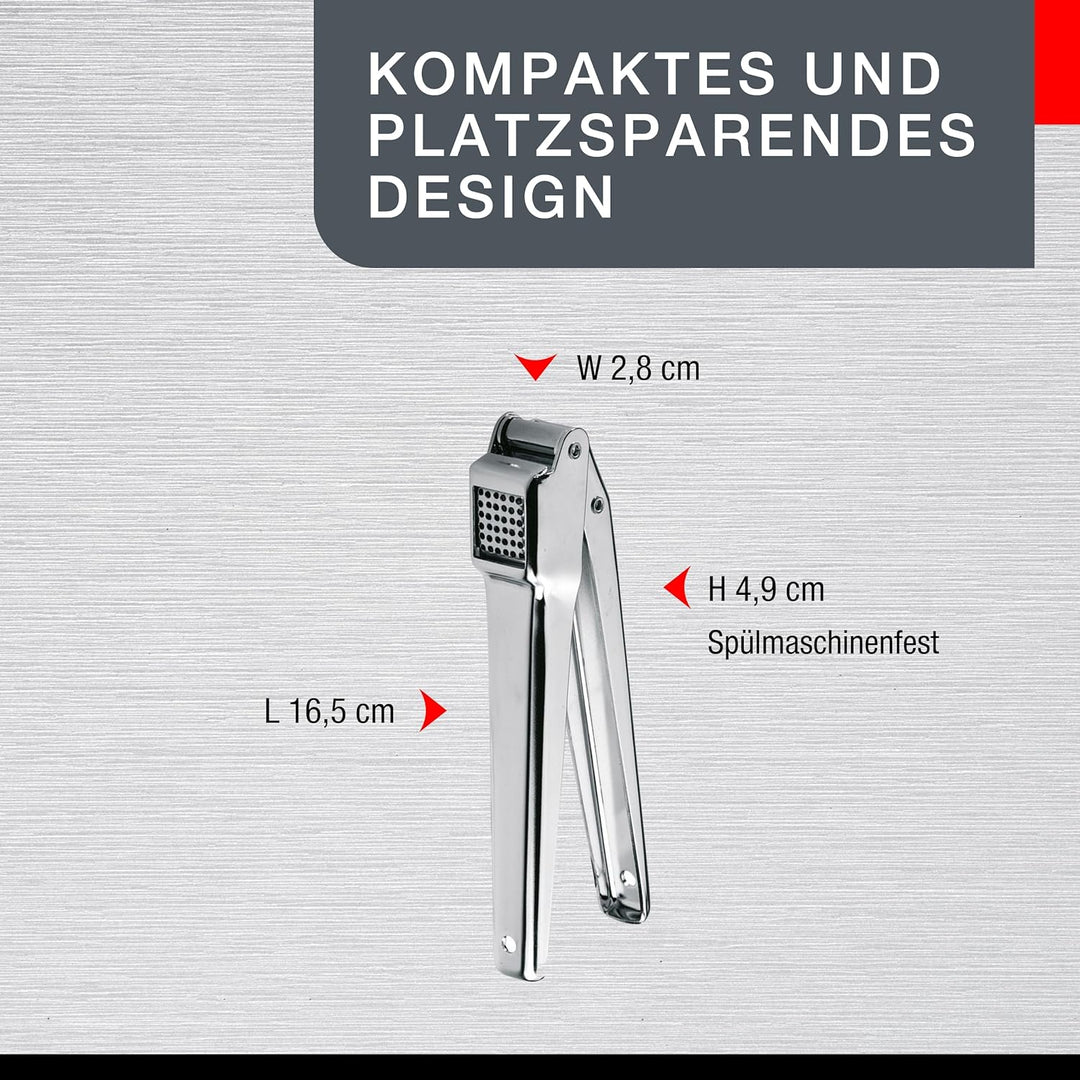 GEFU Knoblauchpresse AGLIO | Edelstahl-Knoblauchdrücker mit schwenkbarem Siebeinsatz, Profi-Qualität