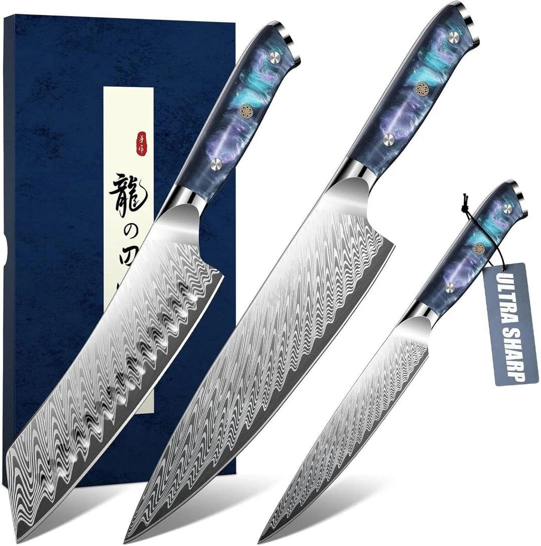 DRAGON RIOT Messerset 3-teilig, Ultra Scharfes Küchenmesser Set mit Ergonomischem Holzgriff, Japanis
