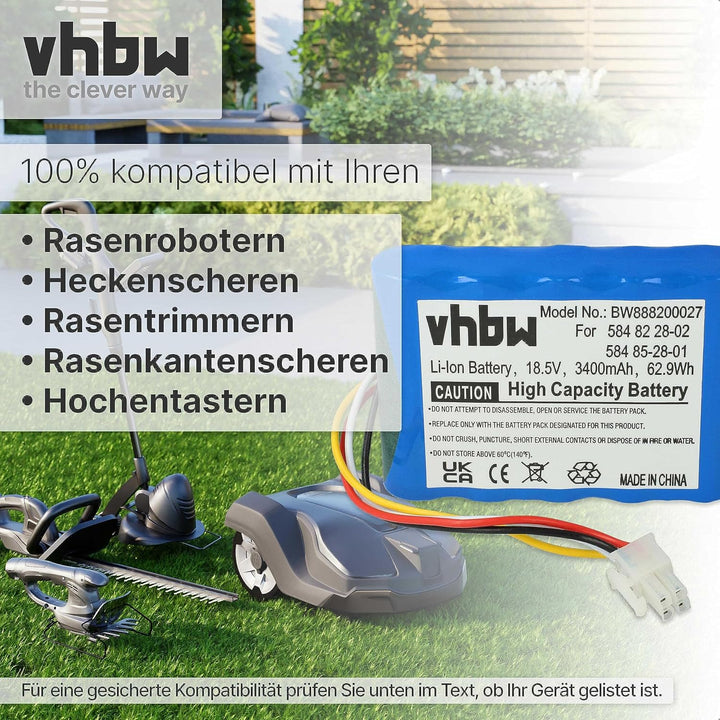 vhbw Akku kompatibel mit Husqvarna Automower 310 (2015-2018) Rasenmäher (3400mAh 18,5V Li-Ion)