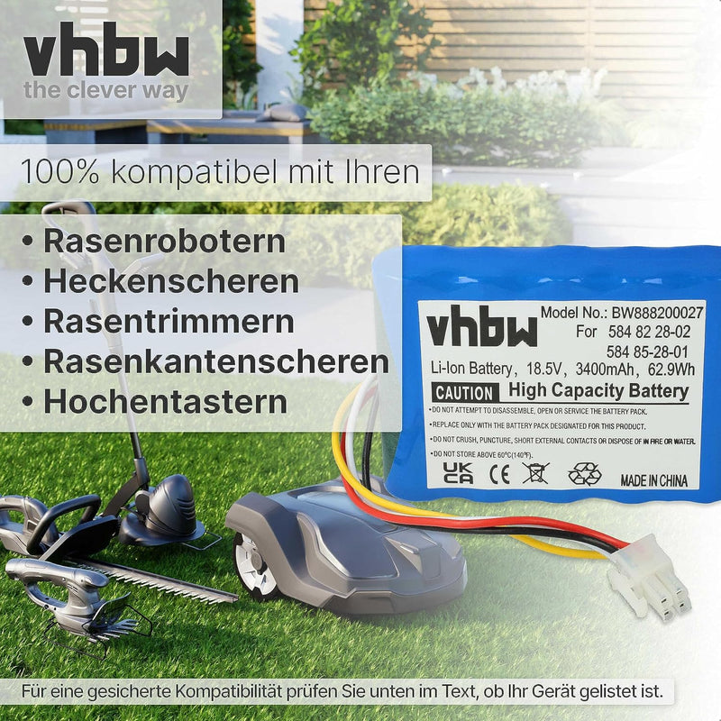 vhbw Li-Ion Akku 3400mAh (18.5V) kompatibel mit Husqvarna Automower 315X für Rasenroboter Rasenmäher