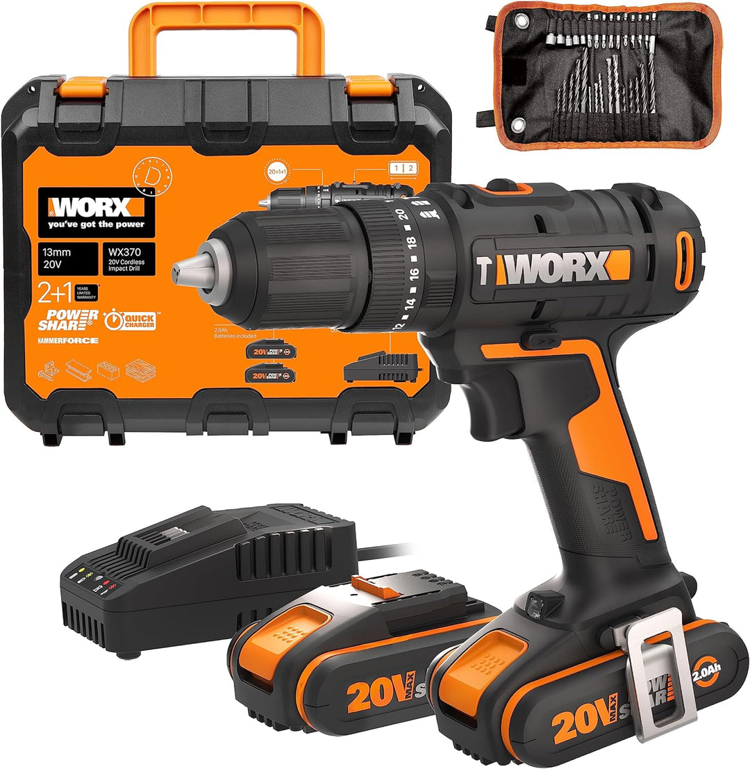 WORX 18V (20V MAX) Akku-Schlagbohrschrauber-Kit WX370, PowerShare, max. 50 N.m, (inkl. 2x2,0Ah Akkus
