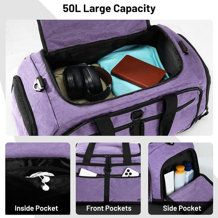 MIER Sporttasche 50L faltbar, Reisetasche mit Schuhfach, Weekender, Lila | Separates belüftetes Schu