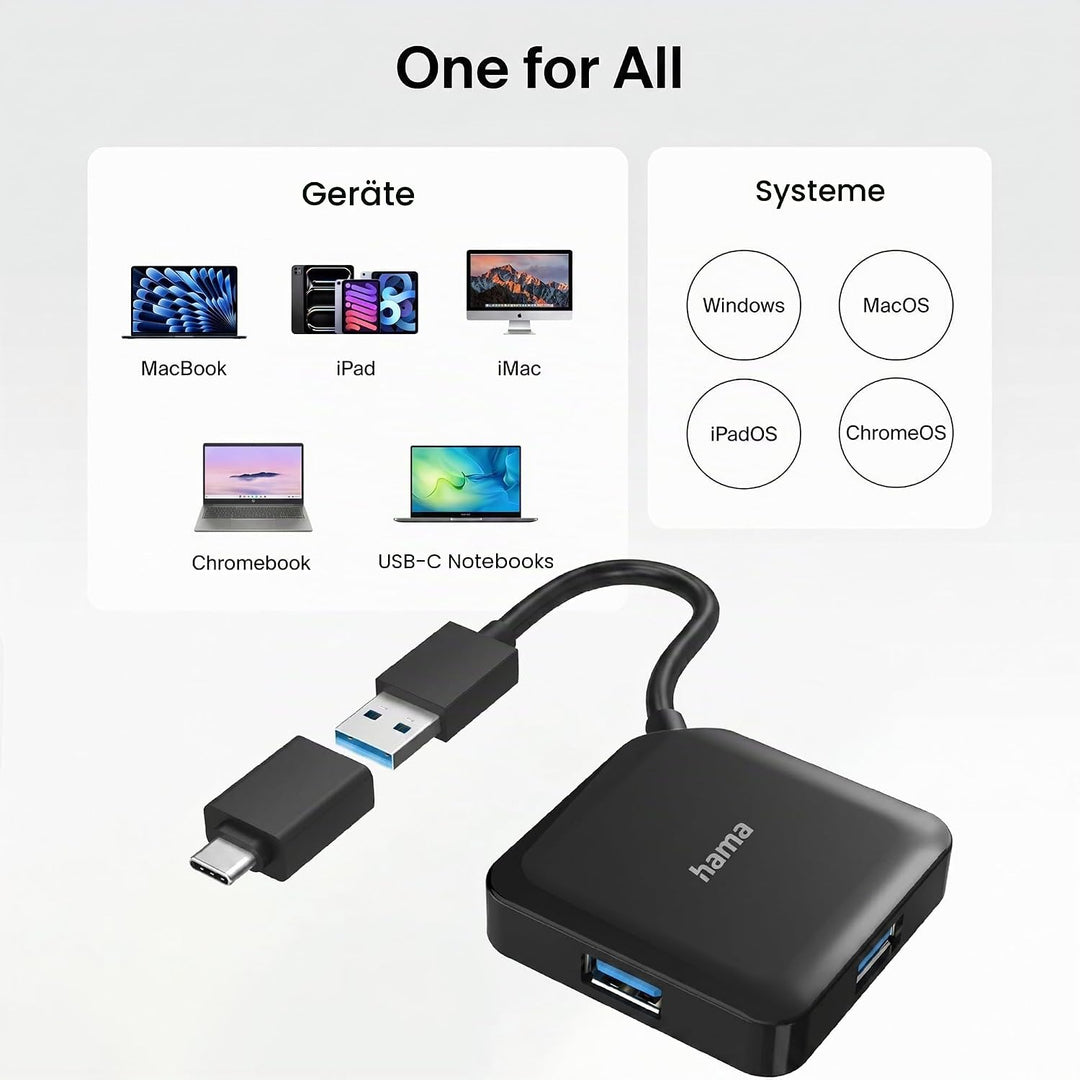Hama 4-Port USB 3.2 Gen1 Hub (4in1 Verteiler mit 4 Anschlüssen und USB C Adapter, 5 Gbit/s) | USB-Hu