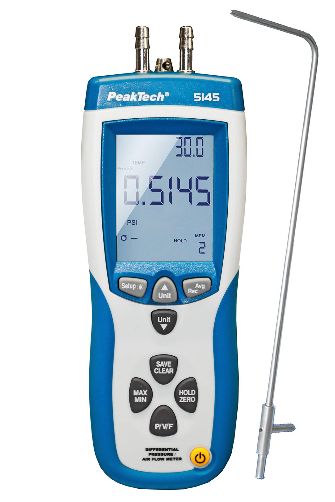 PeakTech P 5145 2 in 1 Differenz-Druckmessgerät und Luftgeschwindigkeitsmesser mit Pitot Rohr, Diffe
