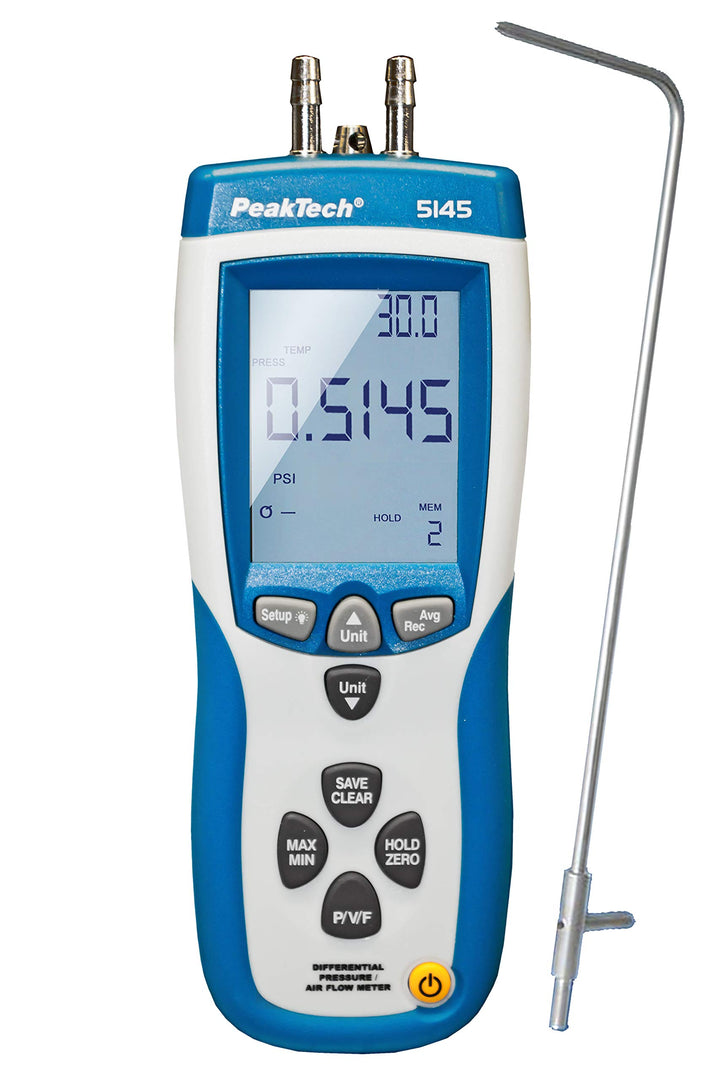 PeakTech P 5145 2 in 1 Differenz-Druckmessgerät und Luftgeschwindigkeitsmesser mit Pitot Rohr, Diffe