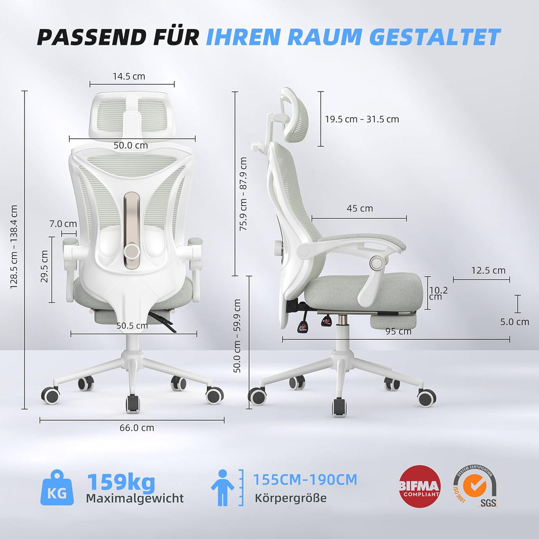 CYKOV Ergonomischer Bürostuhl mit Fussstütze, Büro Stuhl & Gaming Stuhl 150 kg+, 90-160° Verstellbar