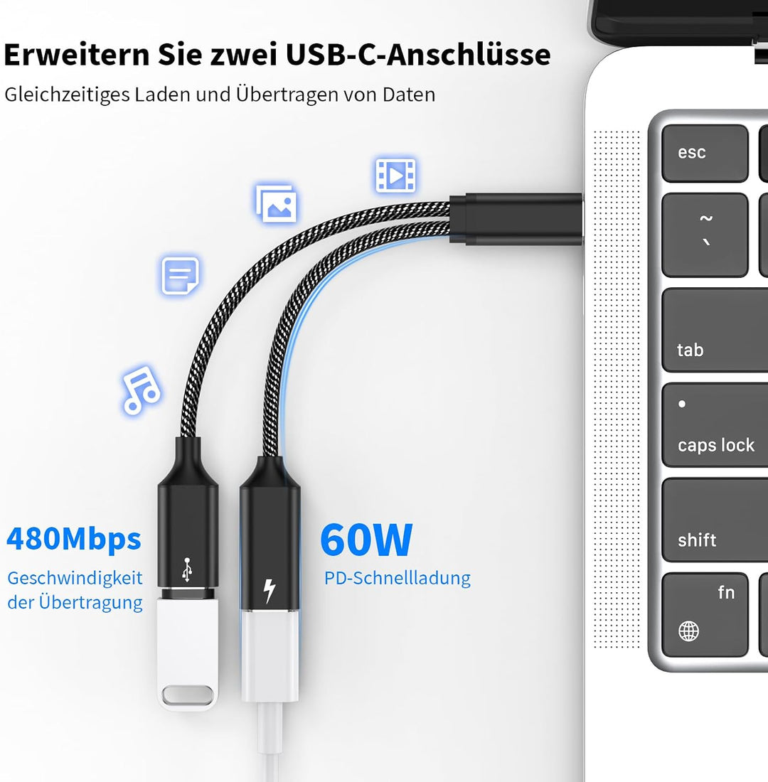 MOGOOD USB-C Splitter 1 auf 2,60W PD,480Mbps, Dual USB-C,2er Set schwarz | Nylon Kabel, kompatibel m