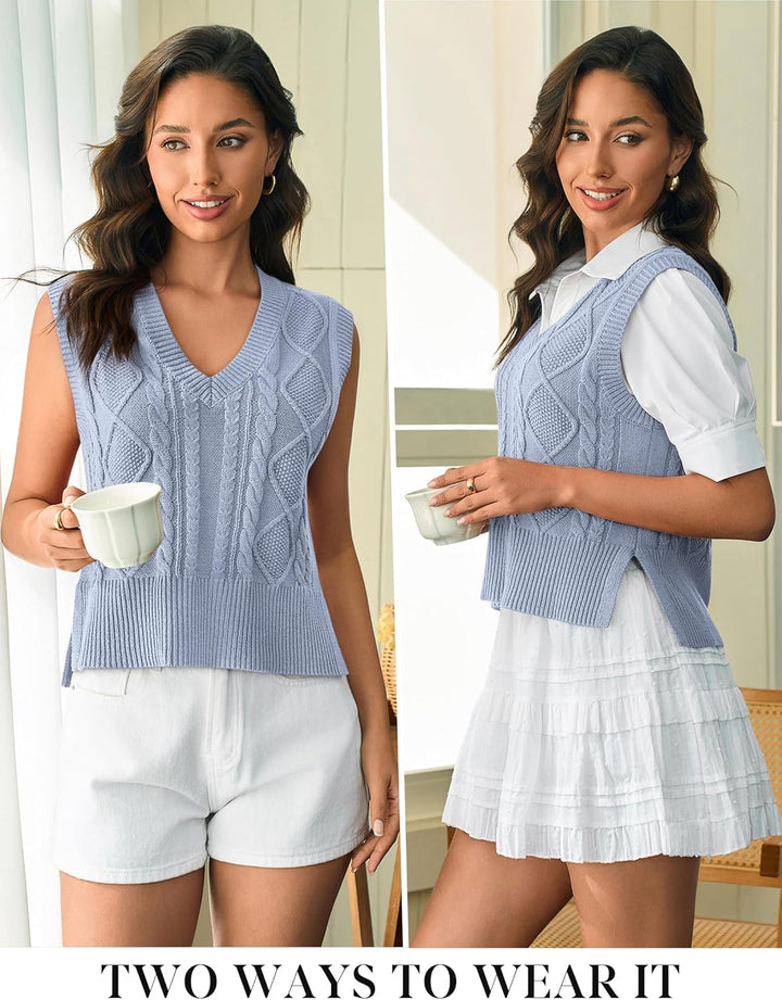 Tongmingyun Pullunder Damen Ärmellos V-Ausschnitt Strick Pullover Basic Strickweste Einfarbig Tank T