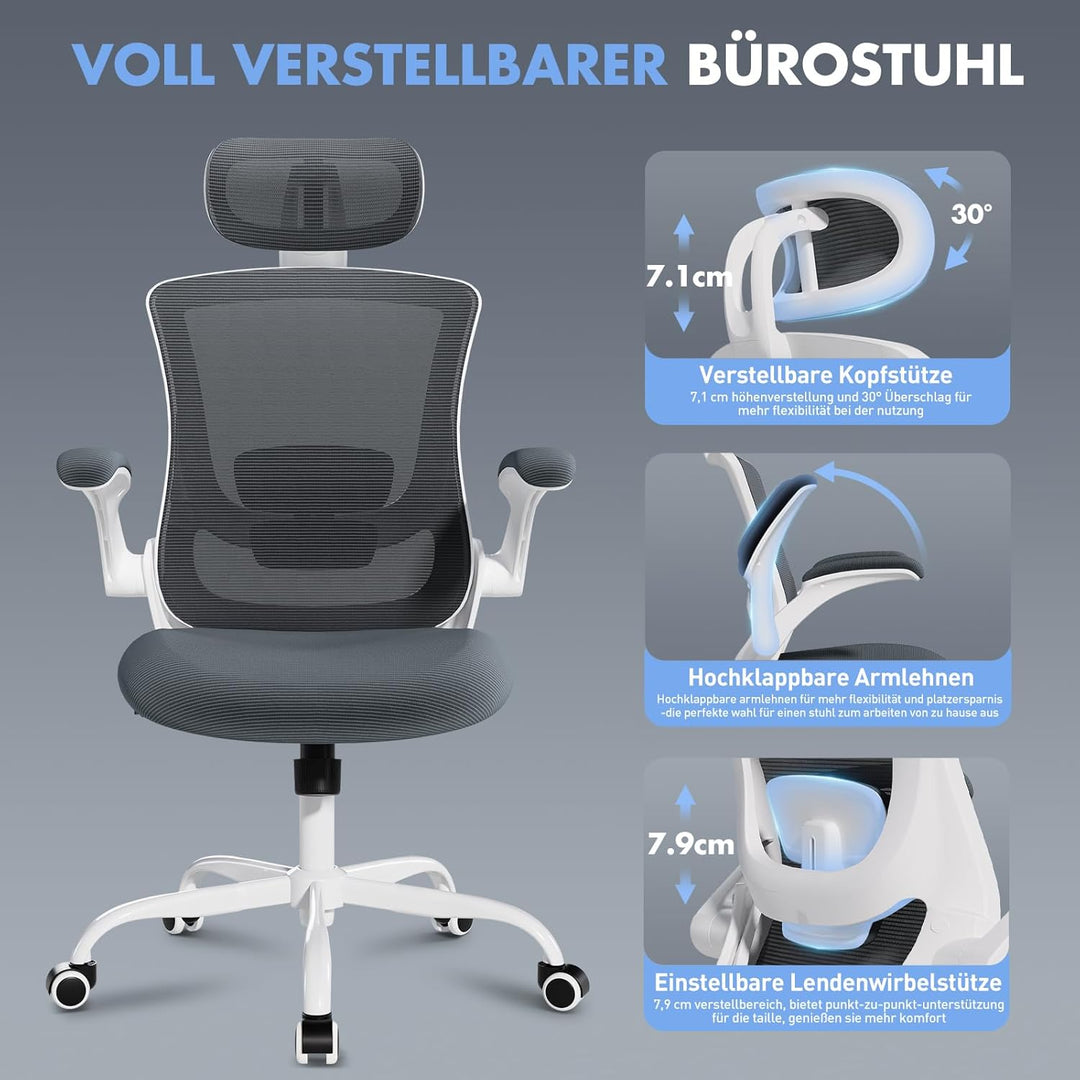 COLAMY Bürostuhl Mesh Computer Stuhl mit Verstellbarer Kopfstütze und Lendenwirbelstütze, Schreibtis