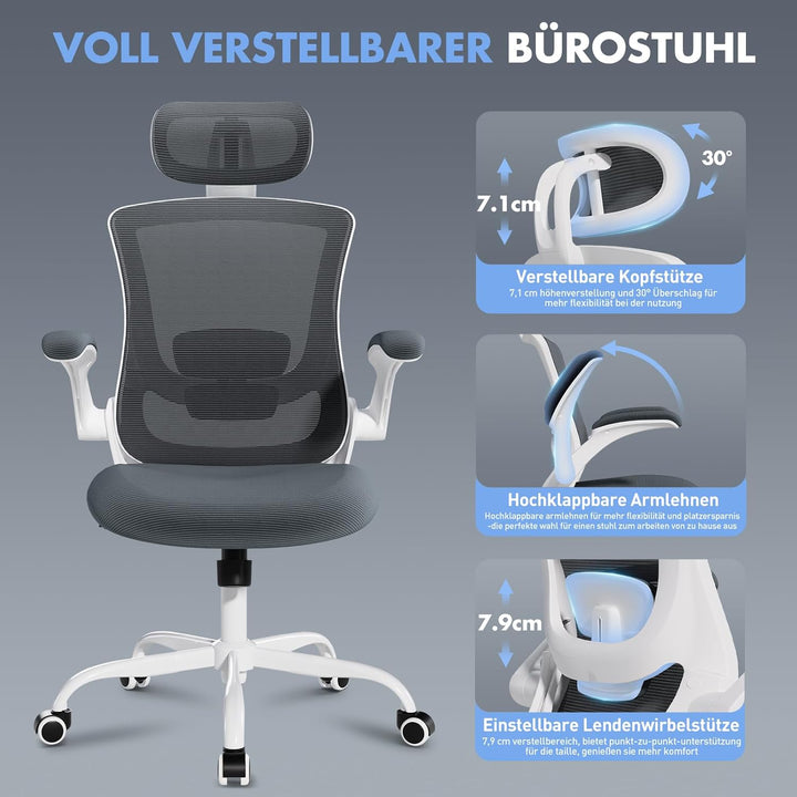 COLAMY Bürostuhl Mesh Computer Stuhl mit Verstellbarer Kopfstütze und Lendenwirbelstütze, Schreibtis