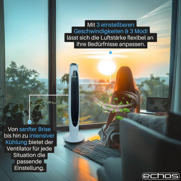 Echos Turmventilator | 3 Stufen | 3 Modi | 60 Watt | 8 Timer | Luftkühler | Fernbedienung | LED-Leuc