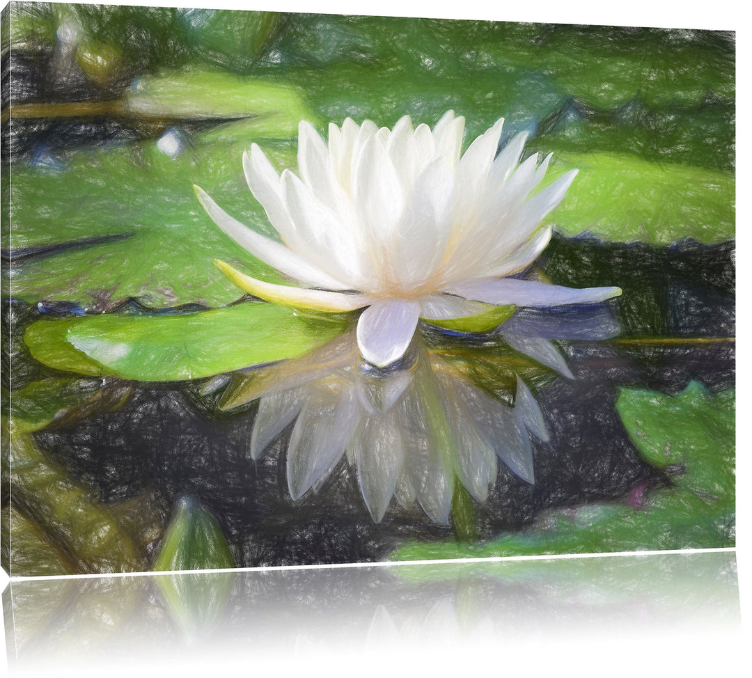 Pixxprint Weisse Lotusblume im Wasser / 100x70cm Leinwandbild bespannt auf Holzrahmen/Wandbild Kunst