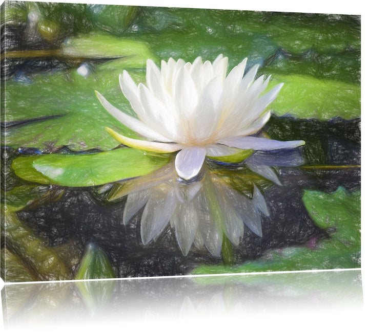 Pixxprint Weisse Lotusblume im Wasser / 100x70cm Leinwandbild bespannt auf Holzrahmen/Wandbild Kunst
