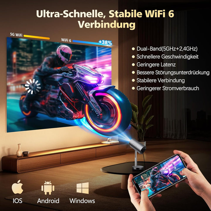 Autofokus/Trapezkorrektur VGKE Mini Beamer Heimkino 4K Unterstützt, 15000 Lumens Full HD Videoprojek