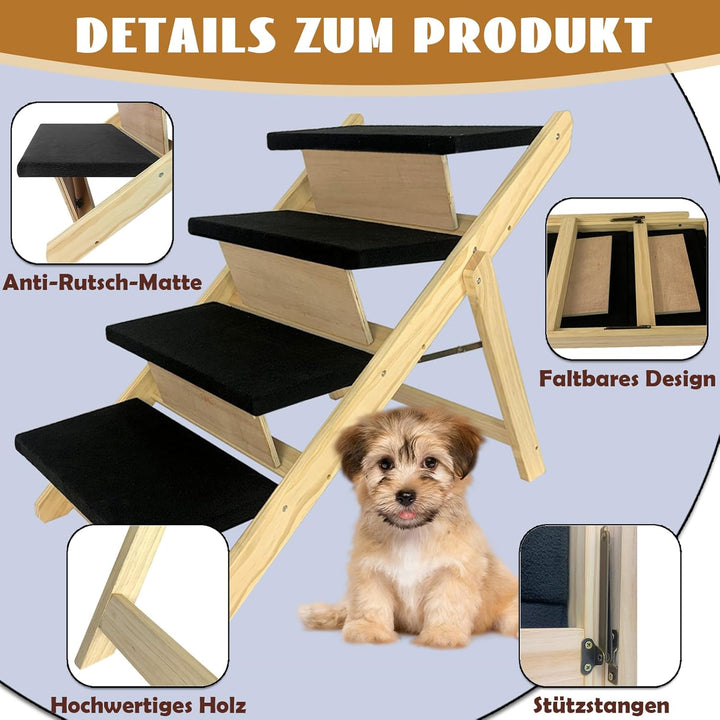 Froadp 100x46x63cm Klappbare Treppen für Hunde aus Kiefernholz Faltbare Hundetreppe mit 4 Stufen &amp; F