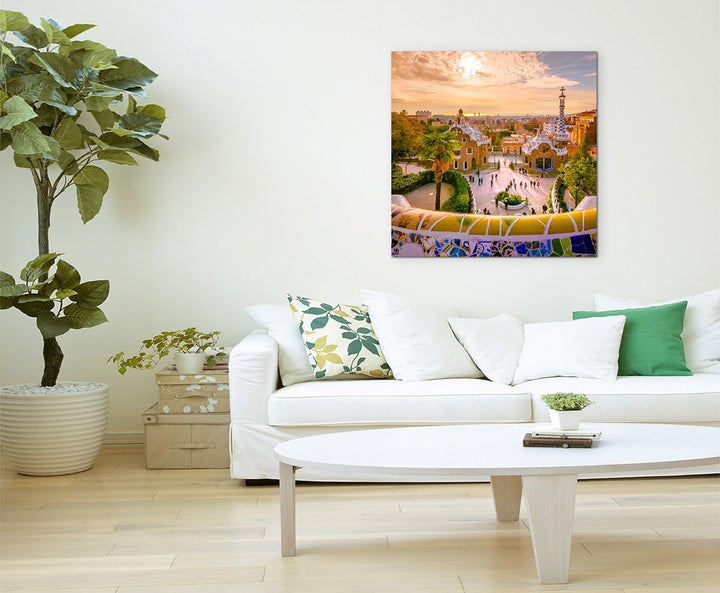 Sinus Art Wandbild 90x90cm Landschaftsfotografie – Park Guell in Barcelona, Spanien, 90x90cm
