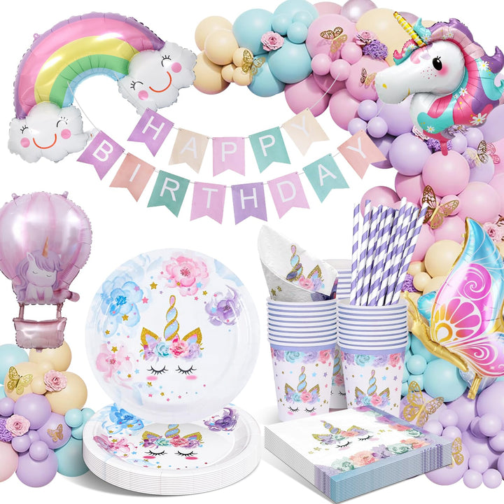 HLEIUKT Einhorn Geburtstag Party Geschirr, Pappteller Kindergeburtstag Set, Einhorn Geburtstag Party