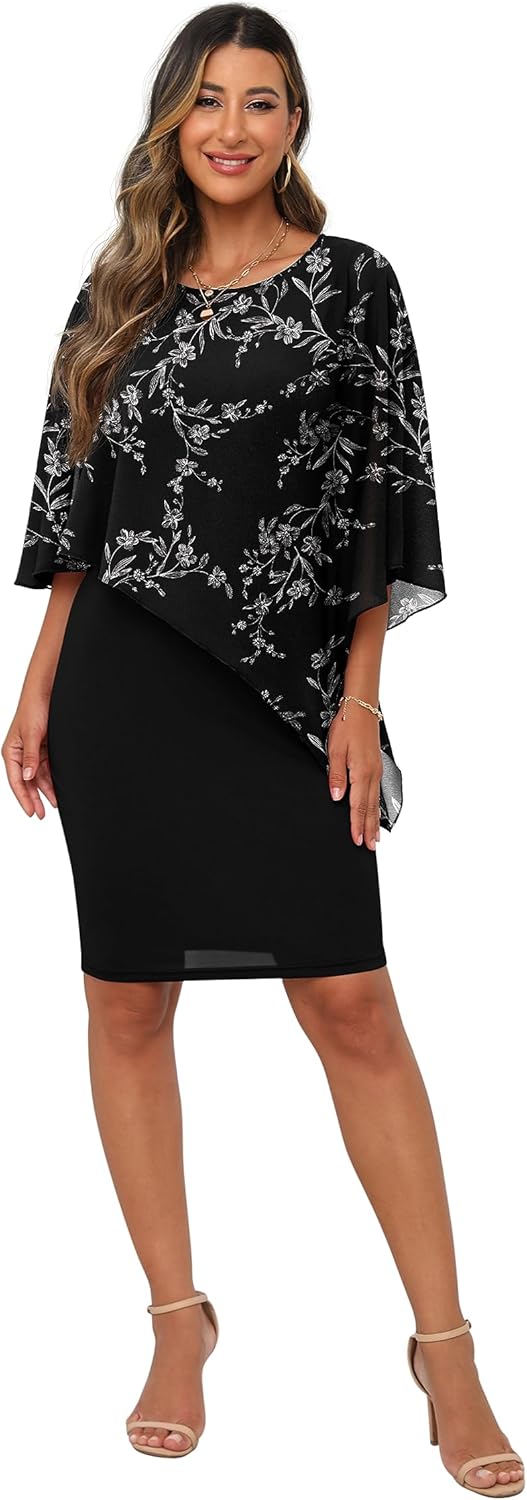 QIXING Damen Chiffon Cape Cocktialkleid Rundhals Ausschnitt Bleistiftkleid Sommerkleid Damen Knielan