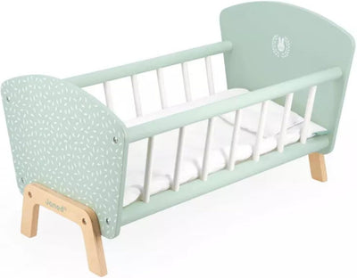 JANOD Zen Bett aus FSC-Holz-Rollenspielzeug-Puppenbett mit Hasen-Kopfkissen und Decke-Puppenzubehör-