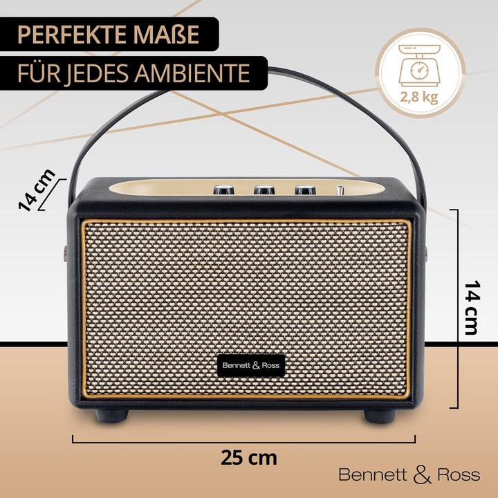 Bennett & Ross BB-820BK Blackmore Junior - Retro Bluetooth Lautsprecher in Lederoptik mit 5200 mAh A