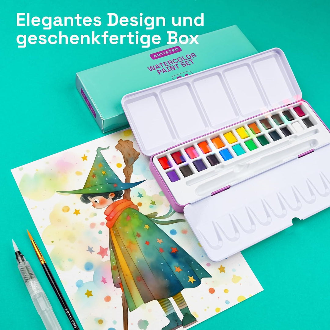 Artistro Aquarellfarben-Set 24 Farben in tragbarer Box für Kinder, Erwachsene, Künstler, Anfänger un