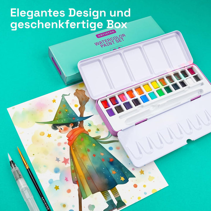 Artistro Aquarellfarben-Set 24 Farben in tragbarer Box für Kinder, Erwachsene, Künstler, Anfänger un