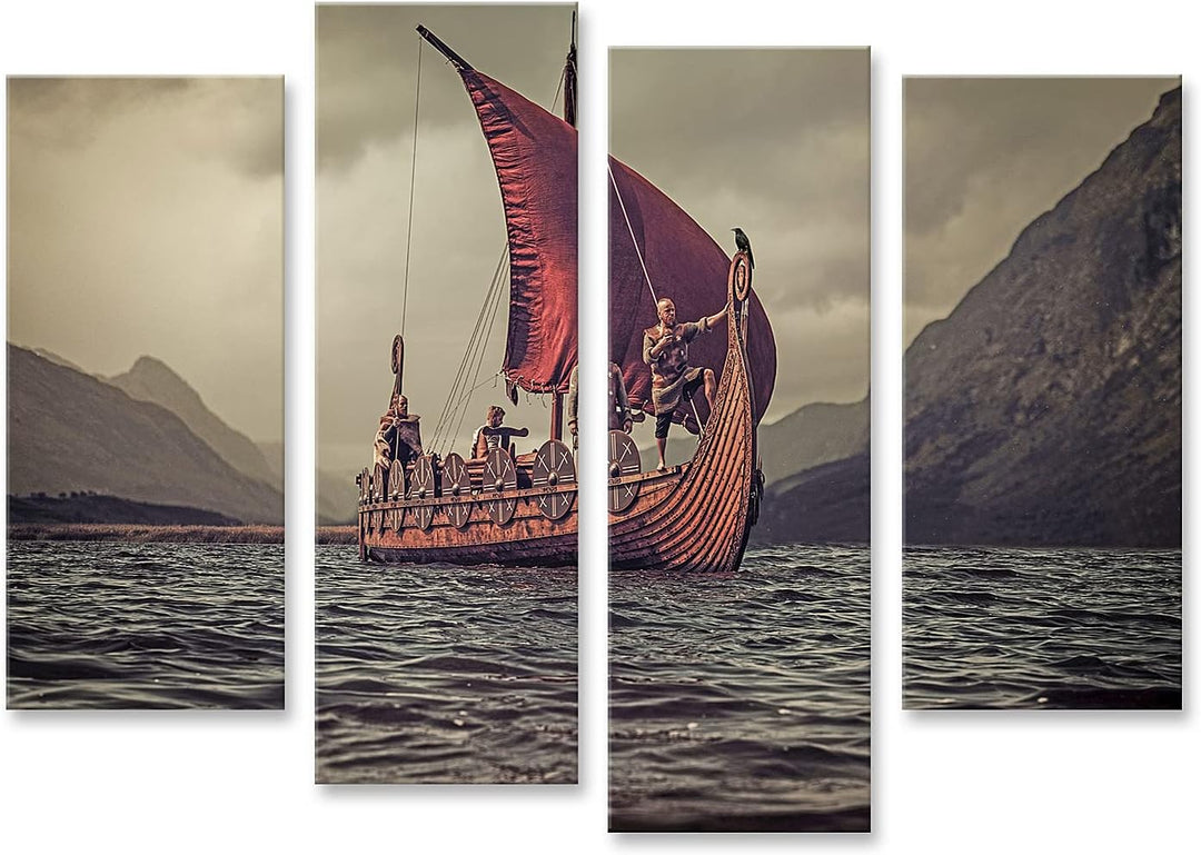 islandburner Bild auf Leinwand Gruppe Wikingern Auf Dem Meer Drakkar Berge Bilder Wandbilder Poster