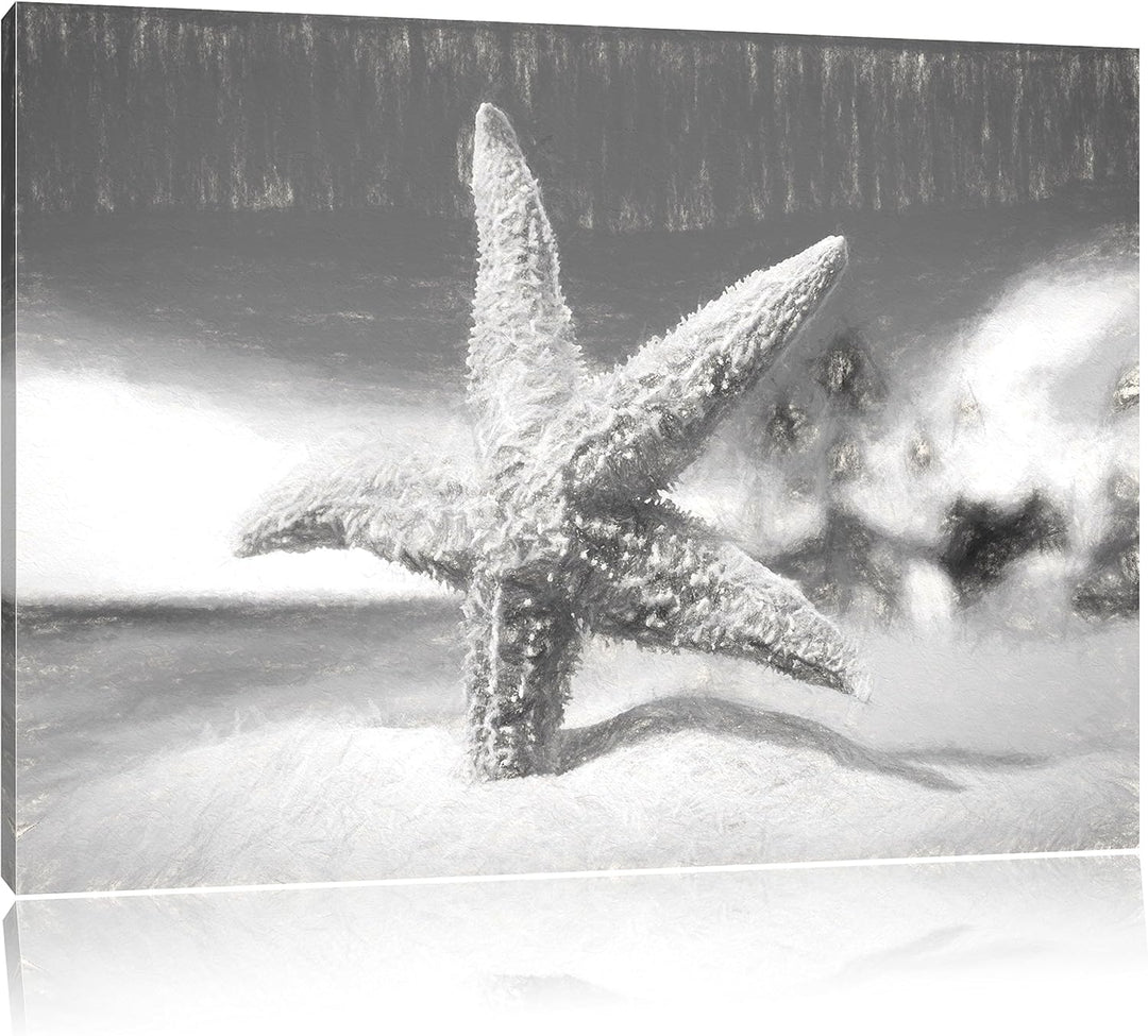 Pixxprint Seestern im Sandstrand von Palm Beach Kunst Kohle Effekt, Format: 100x70 auf Leinwand, XXL