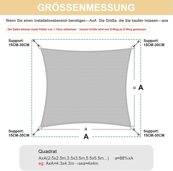 HENG FENG Sonnensegel Rechteckig Quadratisch 4x4m HDPE Sonnenschutz Windschutz Atmungsaktiv mit UV S