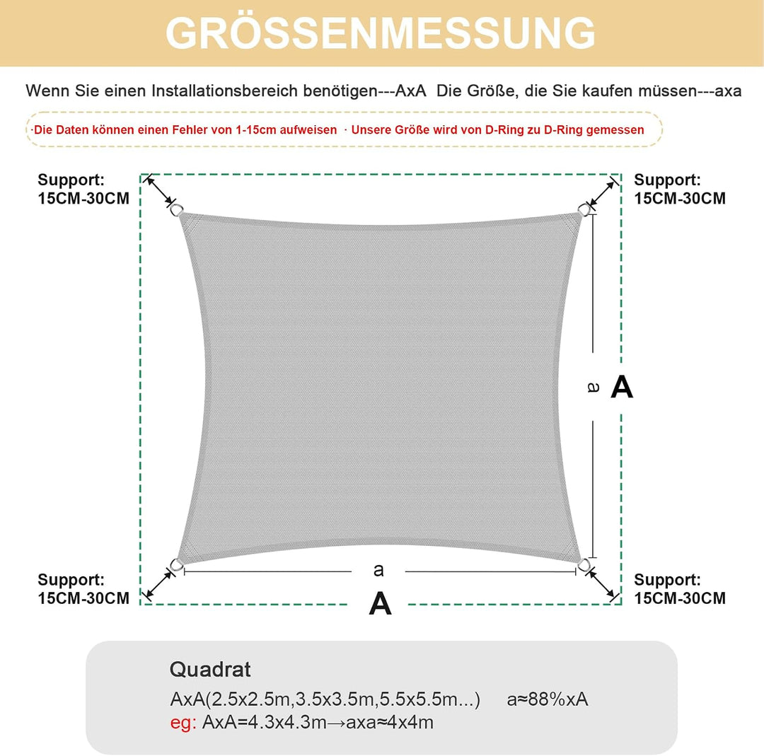 HENG FENG Sonnensegel Rechteckig Quadratisch 3x3m HDPE Sonnenschutz Windschutz Atmungsaktiv mit UV S