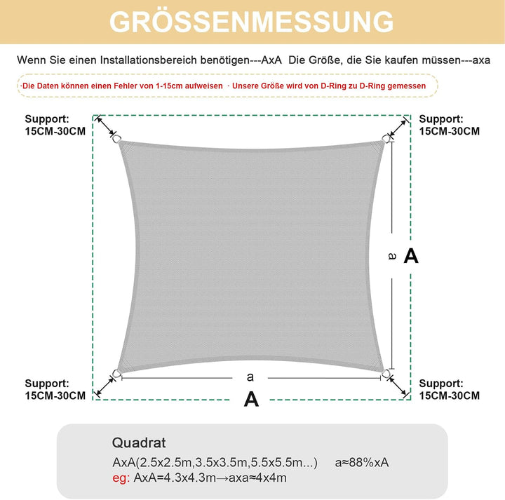 HENG FENG Sonnensegel Rechteckig Quadratisch 3x3m HDPE Sonnenschutz Windschutz Atmungsaktiv mit UV S