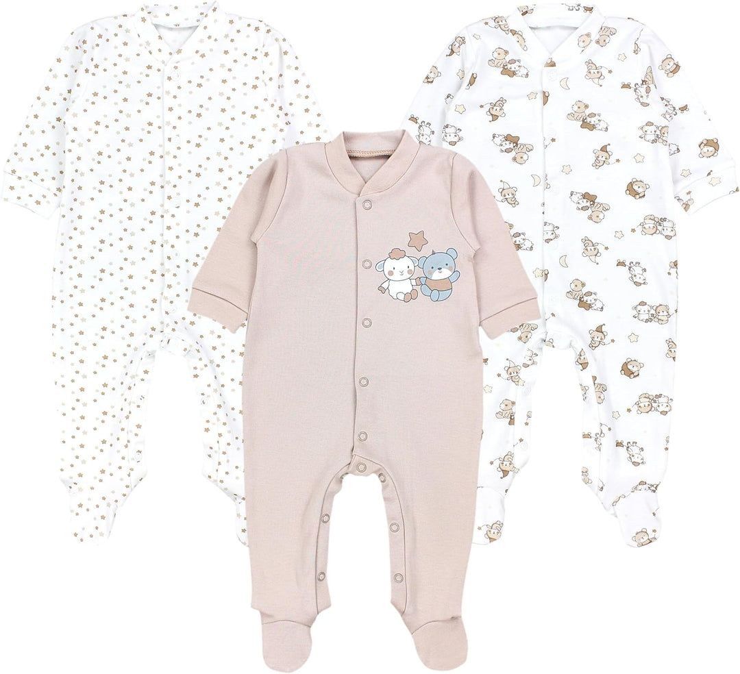 TupTam Baby Jungen Schlafstrampler Langarm Strampler Schlafanzug mit Fuss 3er Pack 50 Bärchen Sterne