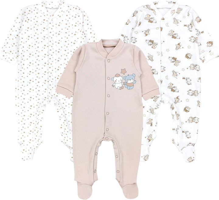 TupTam Baby Jungen Schlafstrampler Langarm Strampler Schlafanzug mit Fuss 3er Pack 50 Bärchen Sterne