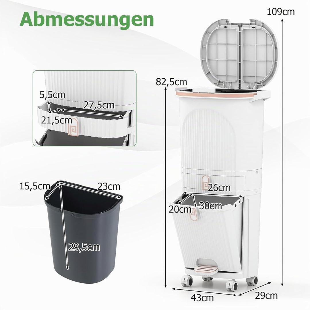 COSTWAY Mülleimer Küche, Mülltrennsystem 3 Fächer, 2 x 12L Inneneimer &amp; 14L Treteimer, Abfalleimer m