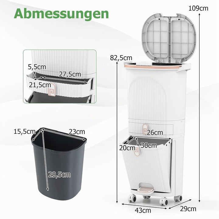 COSTWAY Mülleimer Küche, Mülltrennsystem 3 Fächer, 2 x 12L Inneneimer &amp; 14L Treteimer, Abfalleimer m