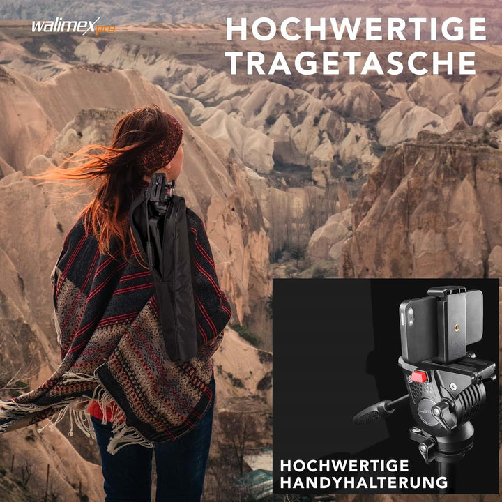 Walimex pro Videostativ mit Fluidkopf, Smartphone-Halterung &amp; Tasche I Advanced 173cm, leicht &amp; stab