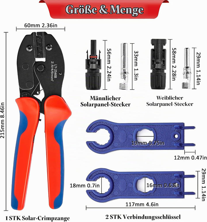 Solar Crimpzange Set für 2.5/4/6mm² Solarpanel PV Kabel, 10 Paar Kabelstecker, 10 Paar Männlich/Weib