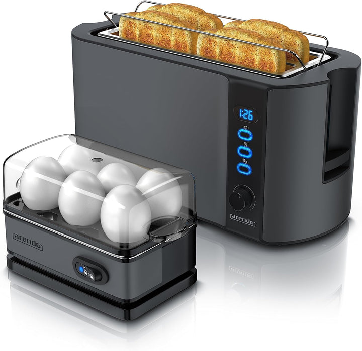 Arendo - SET Eierkocher SIXCOOK mit Toaster FRUKOST Edelstahl Cool Grey, Toaster 4 Scheiben, LED-Dis