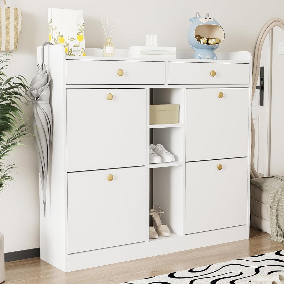 Merax Schuhschrank 110x26x100 cm, mit 4 Klapptüren 2 Schubladen 3 offenen Fächern, Platzsparender Sc