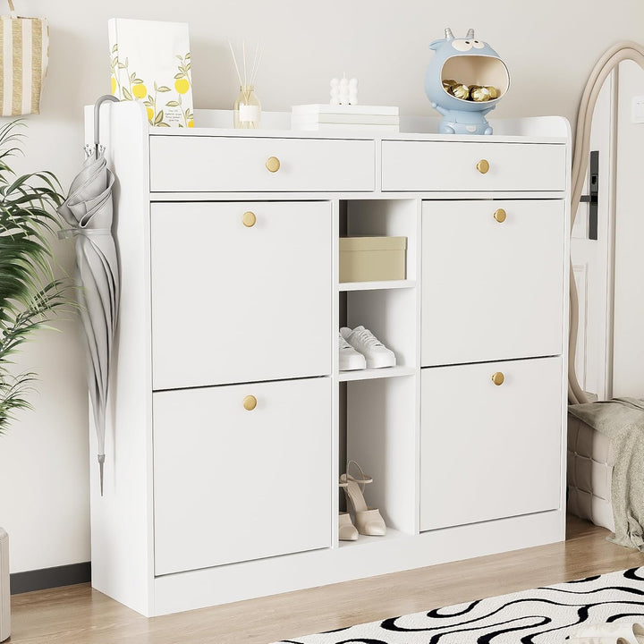 Merax Schuhschrank 110x26x100 cm, mit 4 Klapptüren 2 Schubladen 3 offenen Fächern, Platzsparender Sc