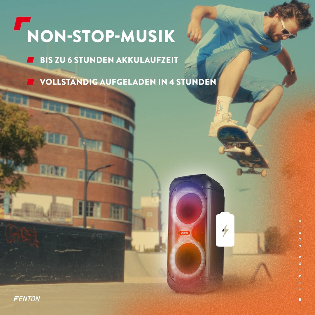 Fenton Track510 Musikbox Bluetooth Gross mit LED 160W, 10 Std Akku, 2 Mikrofone, Fernbedienung, Part