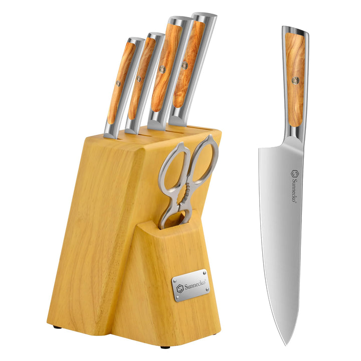 Sunnecko Messerblock mit Messer -Messerset für Küche mit Holzblock, Küchenmesser set 6-tlg, Kochmess